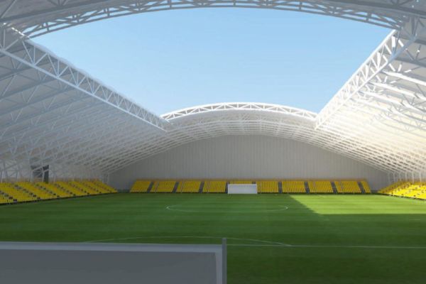 Visualisierung des Fußballstadions in Karaganda Innenraum des Fußballstadions mit einem zu öffnenden Thermomembrandach in Karaganda, Kasachstan.