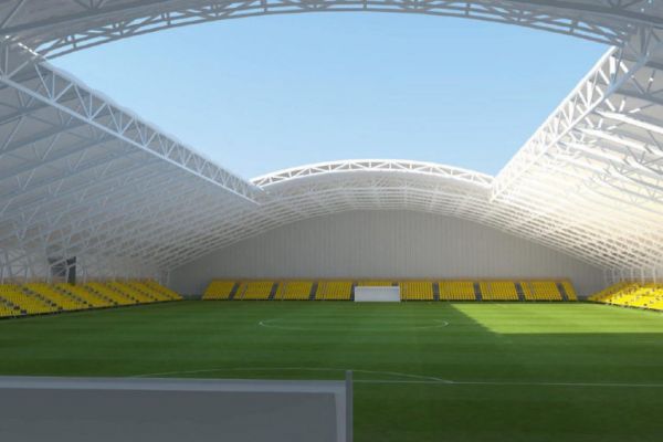 Visualisierung des Fußballstadions in Karaganda Innenraum des Fußballstadions mit einem zu öffnenden Thermomembrandach in Karaganda, Kasachstan.